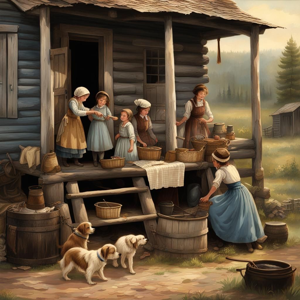 1700s Pioneer Life: Woman and Children at Homestead