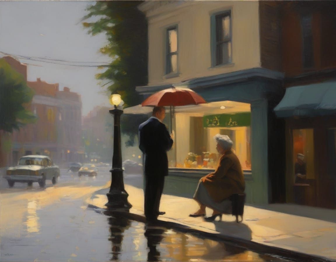 A Young Man Offers Umbrella to Elderly Woman on Rainy Day in...