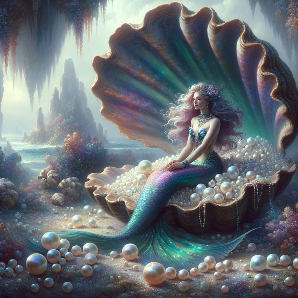 Enchanting Mermaid in Clam Shell, Romanticism Style