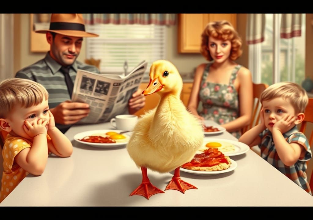 Duck Family Breakfast in Retro Advertisement Style