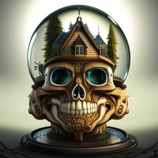 Skull with Snow Globe Head, Detailed Digital Art