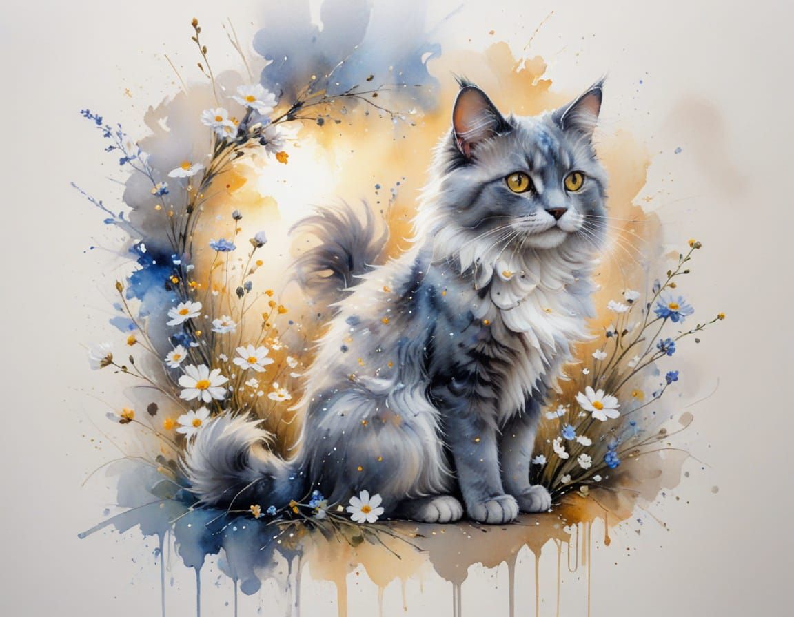 Grey Angora Cat on Flower Branch in Watercolor