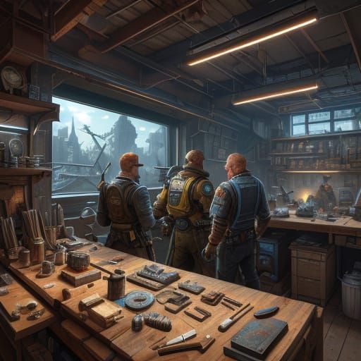 Hyperrealistic Inventors in a Cluttered Workshop