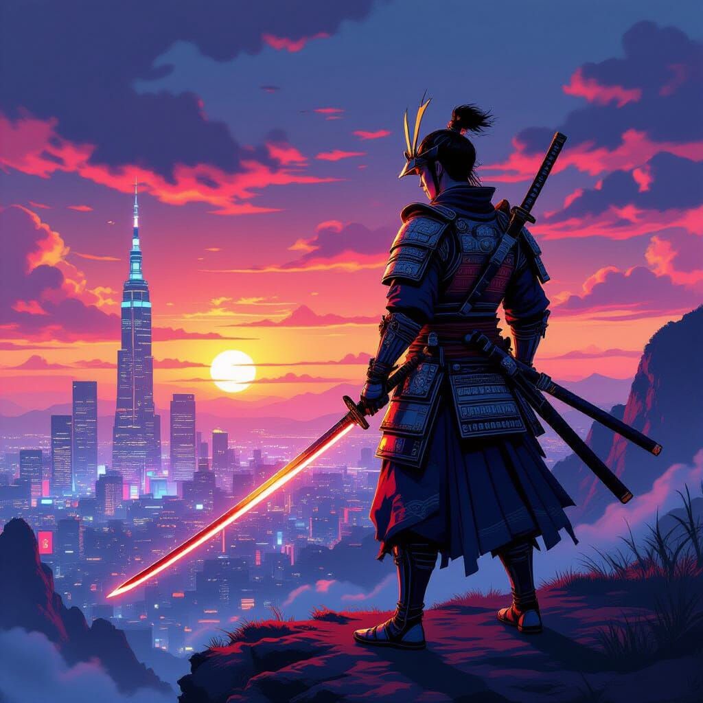 Samurai Warrior Overlooks Futuristic City at Sunset