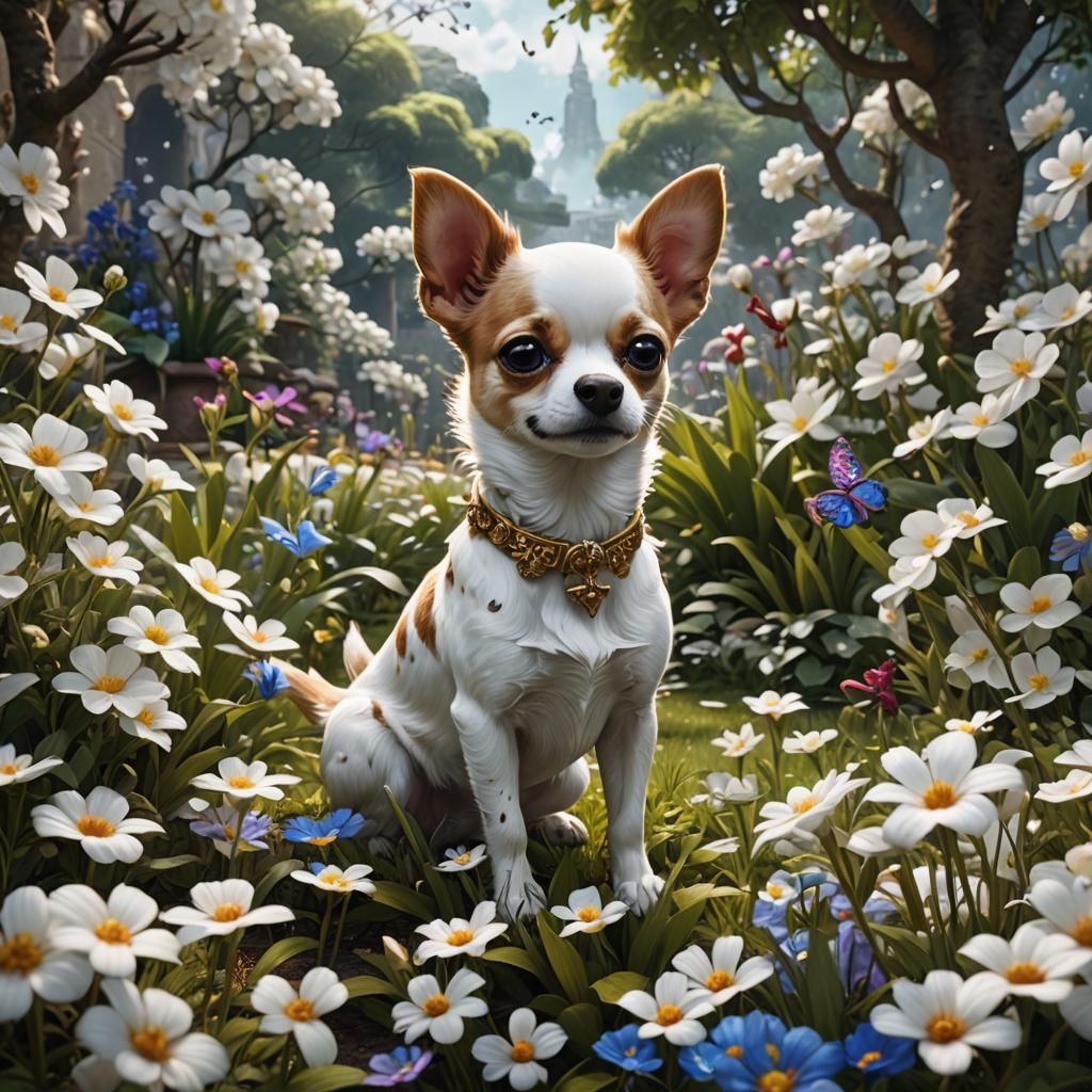 Chihuahua and Shih Tzu Playing in Flower Garden