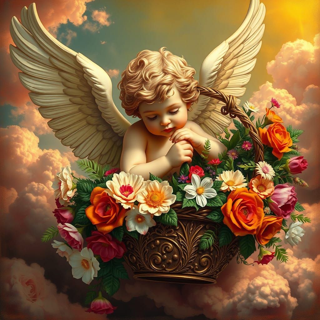 Sensual Baroque Angel Holding a Vibrant Floral Basket