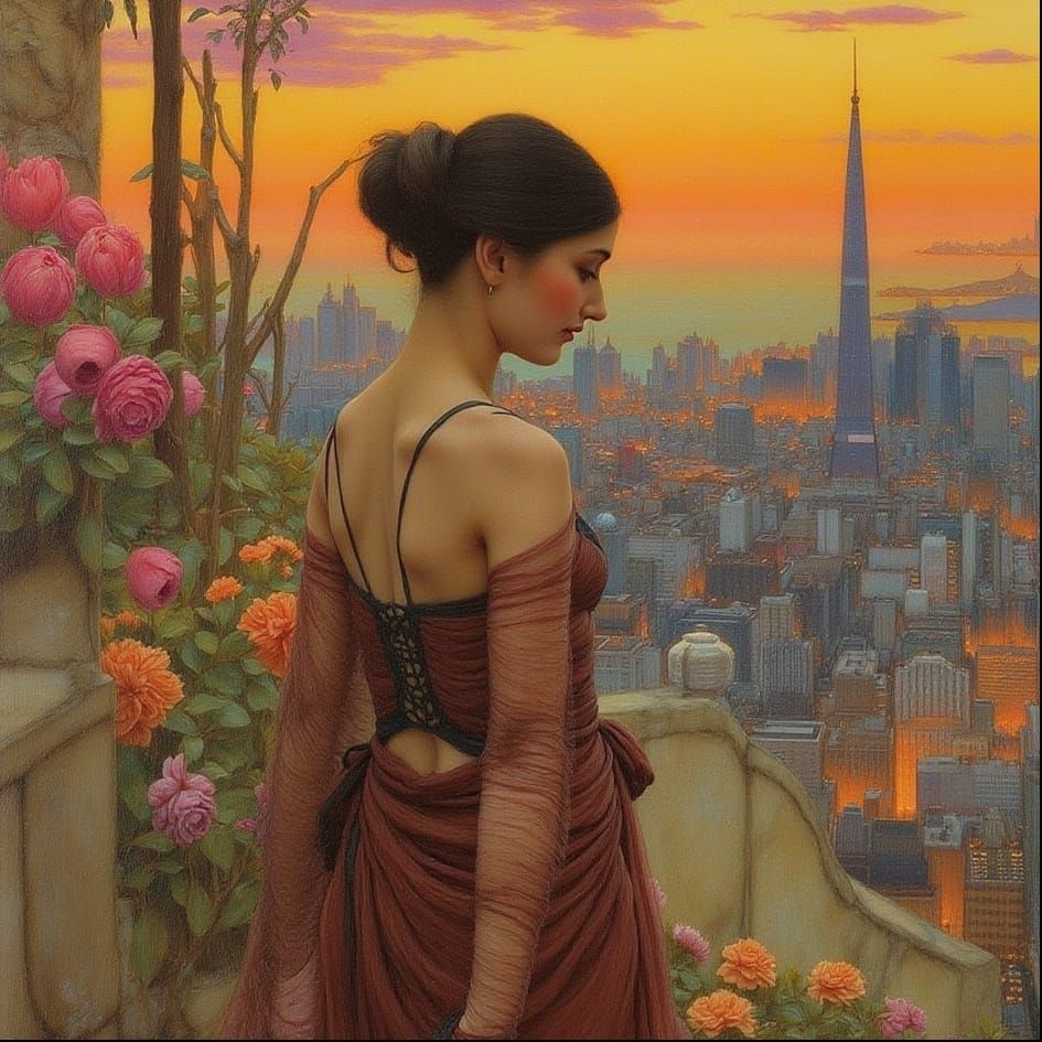 Urban Dryad Walks in Tokyo: Watercolor Style