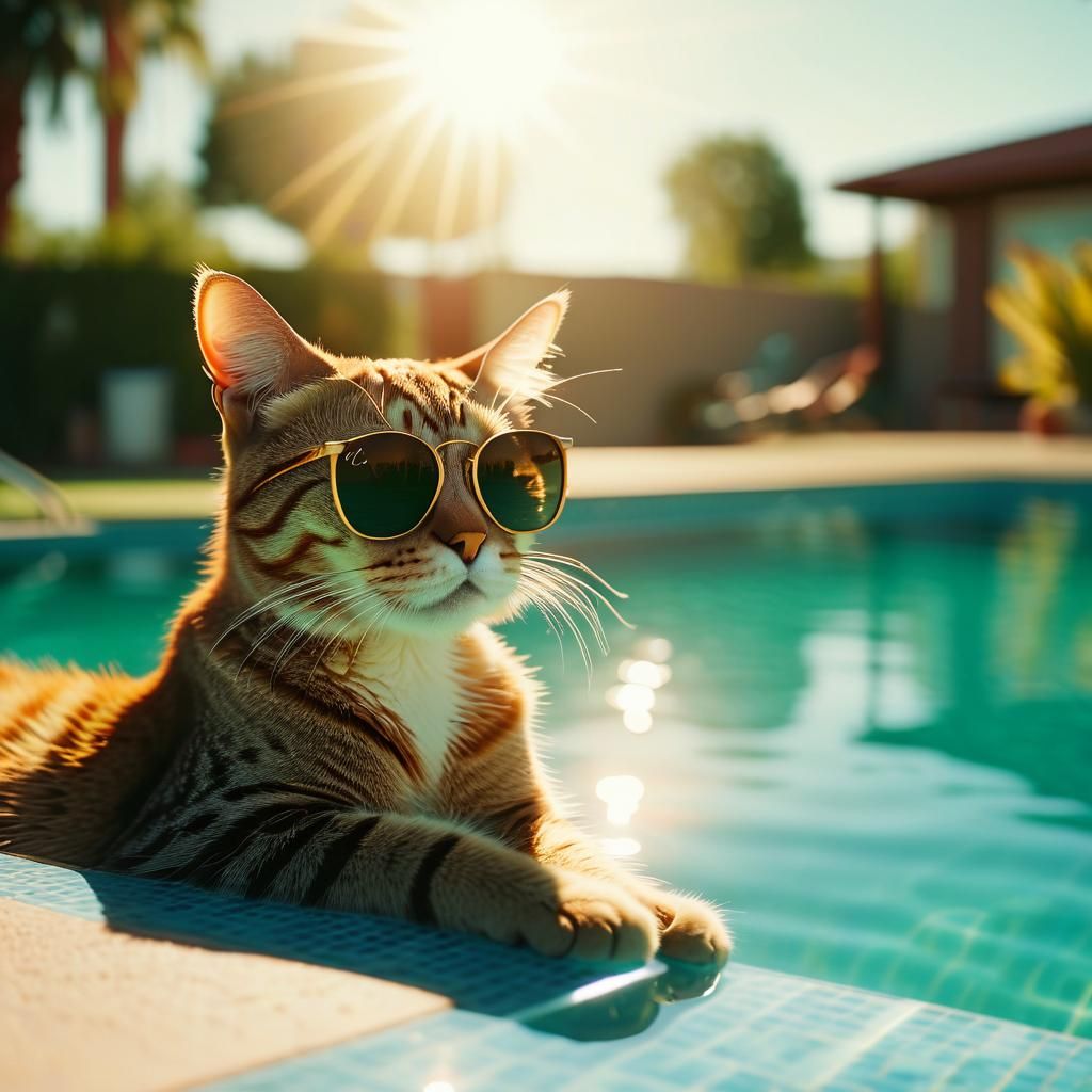Cat in Sunglasses: Retro Film Still at Pool
