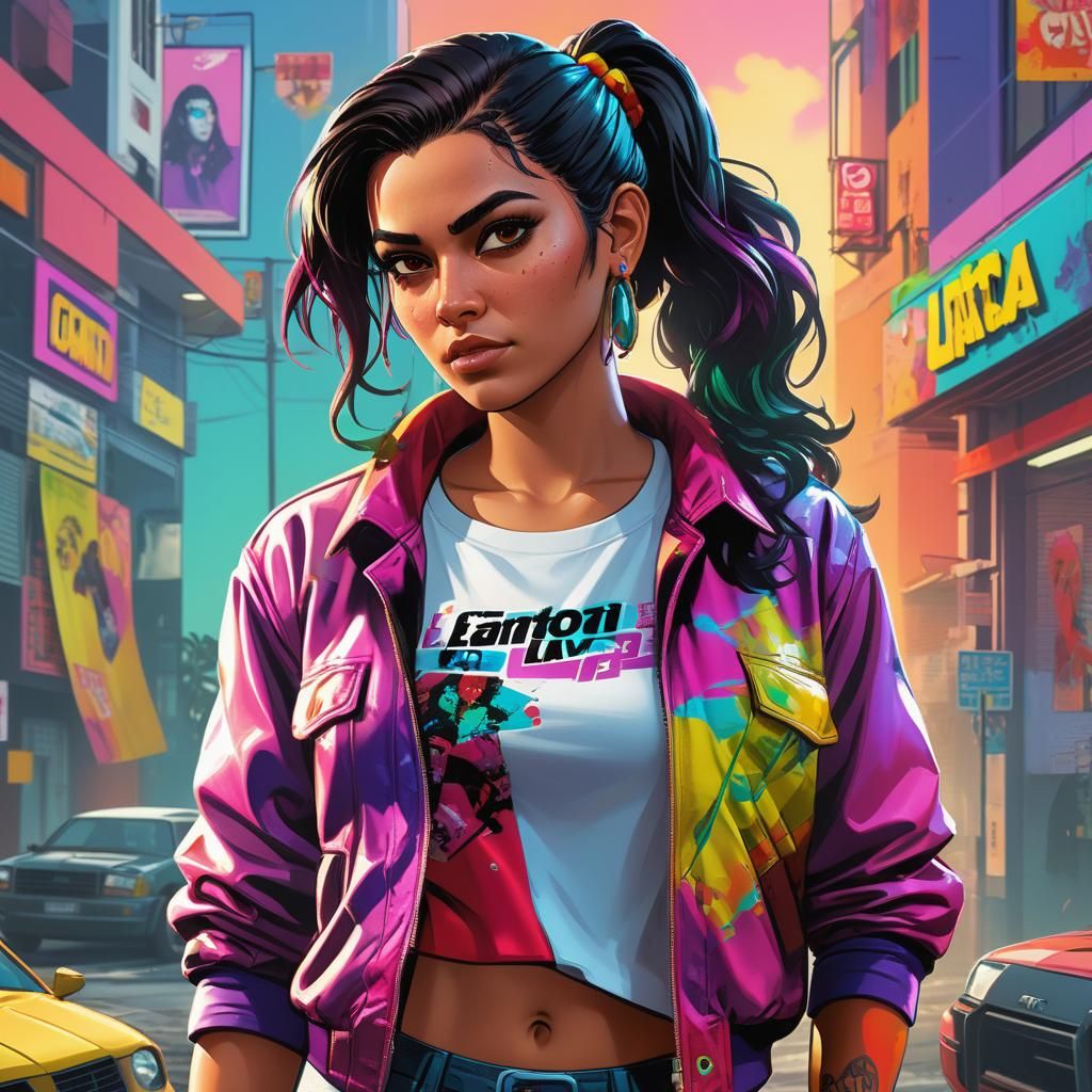 GTA 6 Lucia Heroic Stance in Comic Book Style