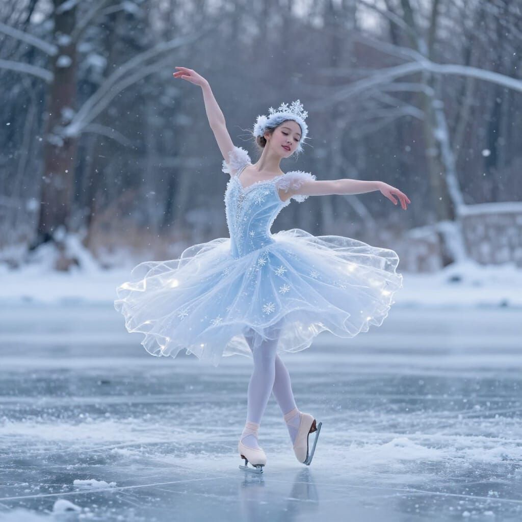 Ice Ballerina Dancing on Frozen Lake in Snowy Forest