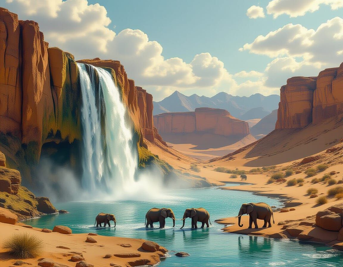Surreal Desert Waterfall with Elephants in Mirage Style