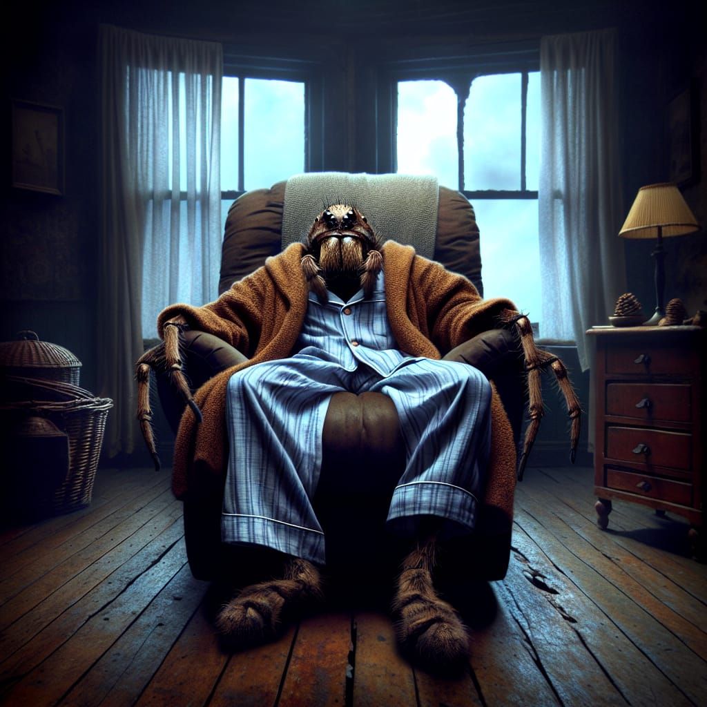 Hyperrealistic Spider Lounging in a Recliner
