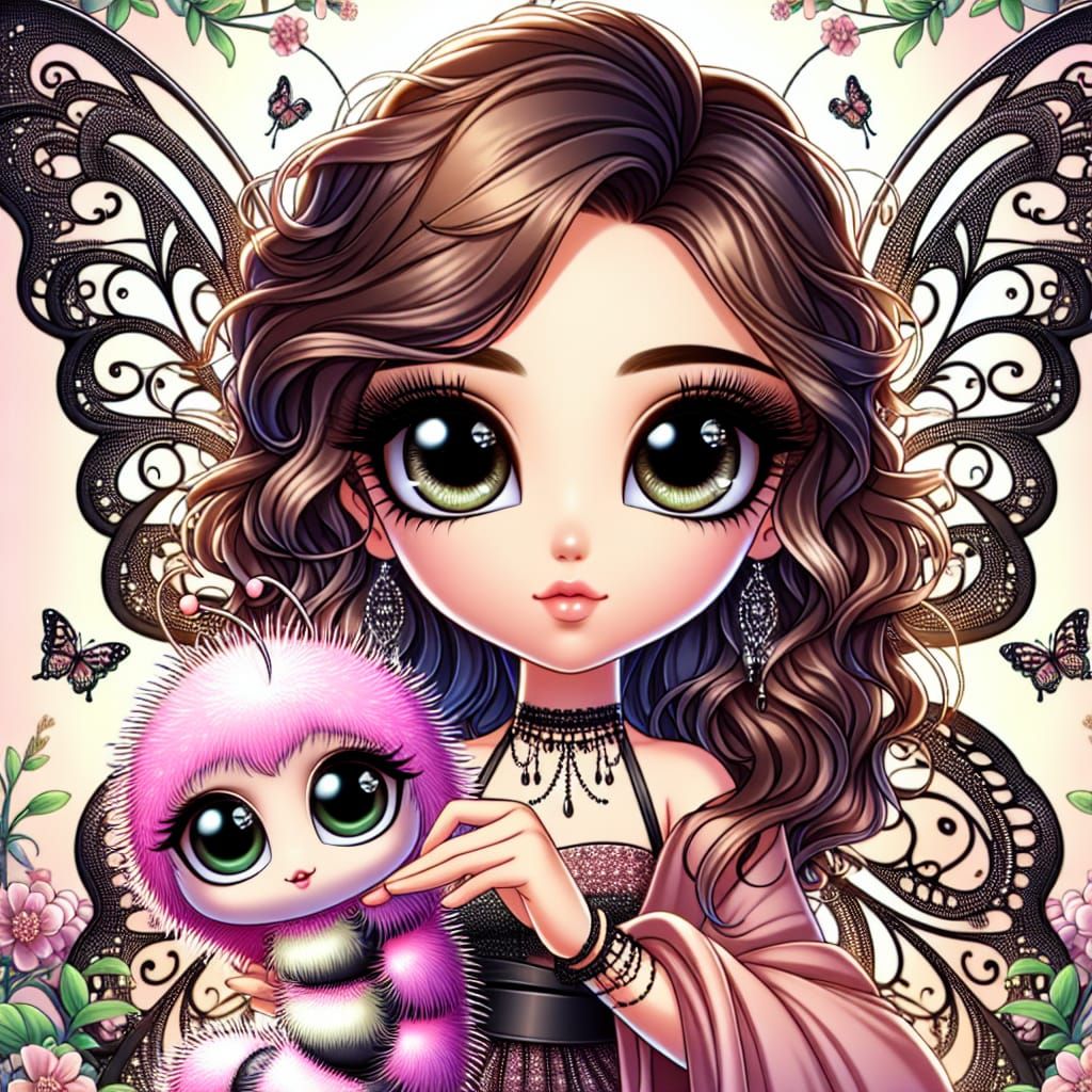 a cartoon of a beautiful fairy, she has large hazel eyes, cu...