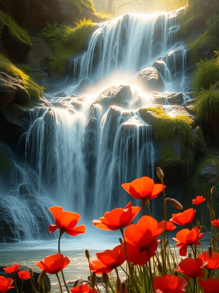 Serenely Majestic Waterfall in Vibrant Red Poppy Bloom