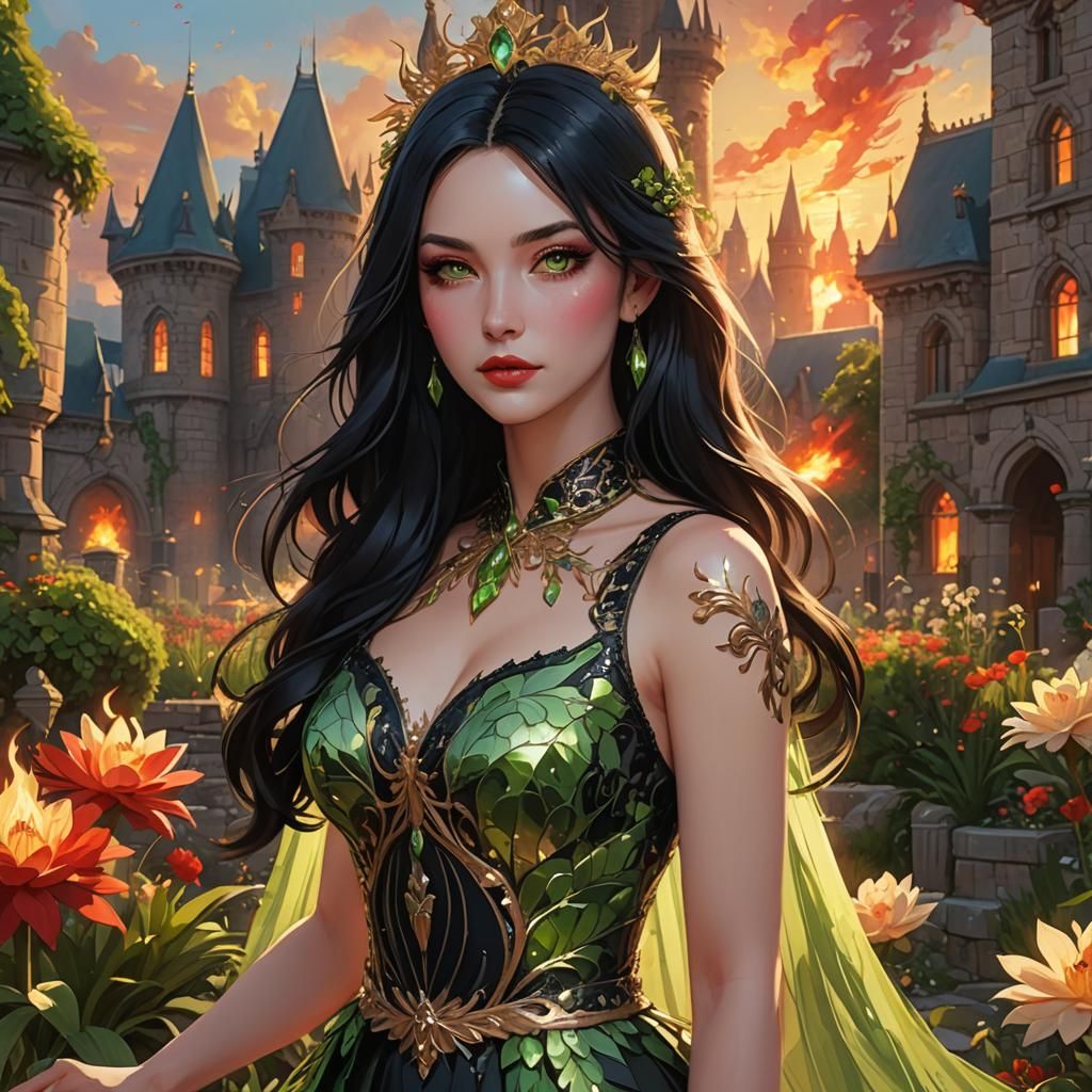 Radiant Woman in Phoenix Dress with Burning Castle