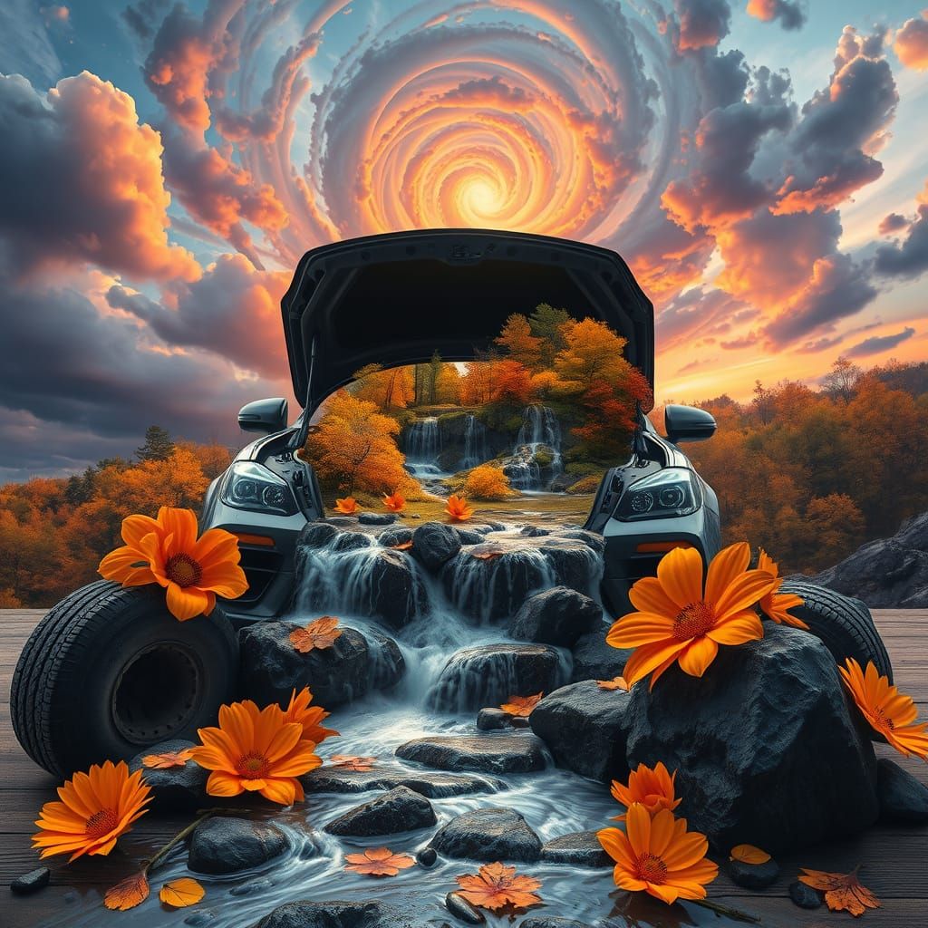 Fantastical Autumn Landscape Pours From Car Engine