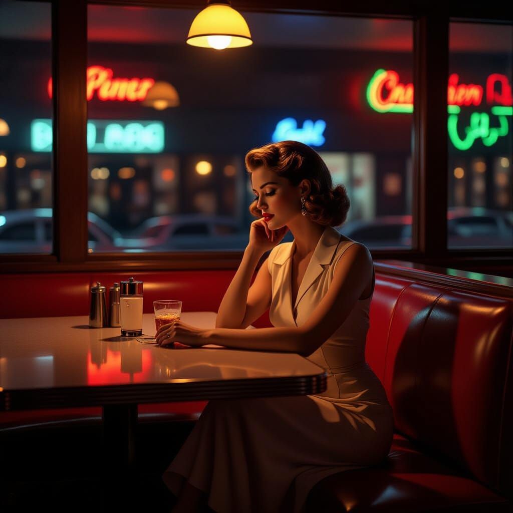 Elegant Woman in Dimly Lit Diner with Neon Glow