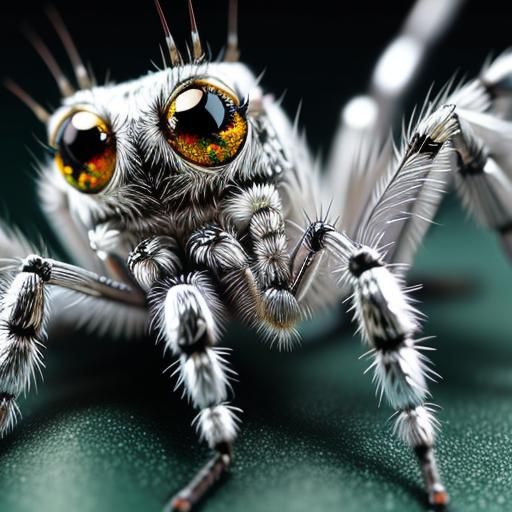 macrophotography of cute silvery jumping spider, big eyes, s...
