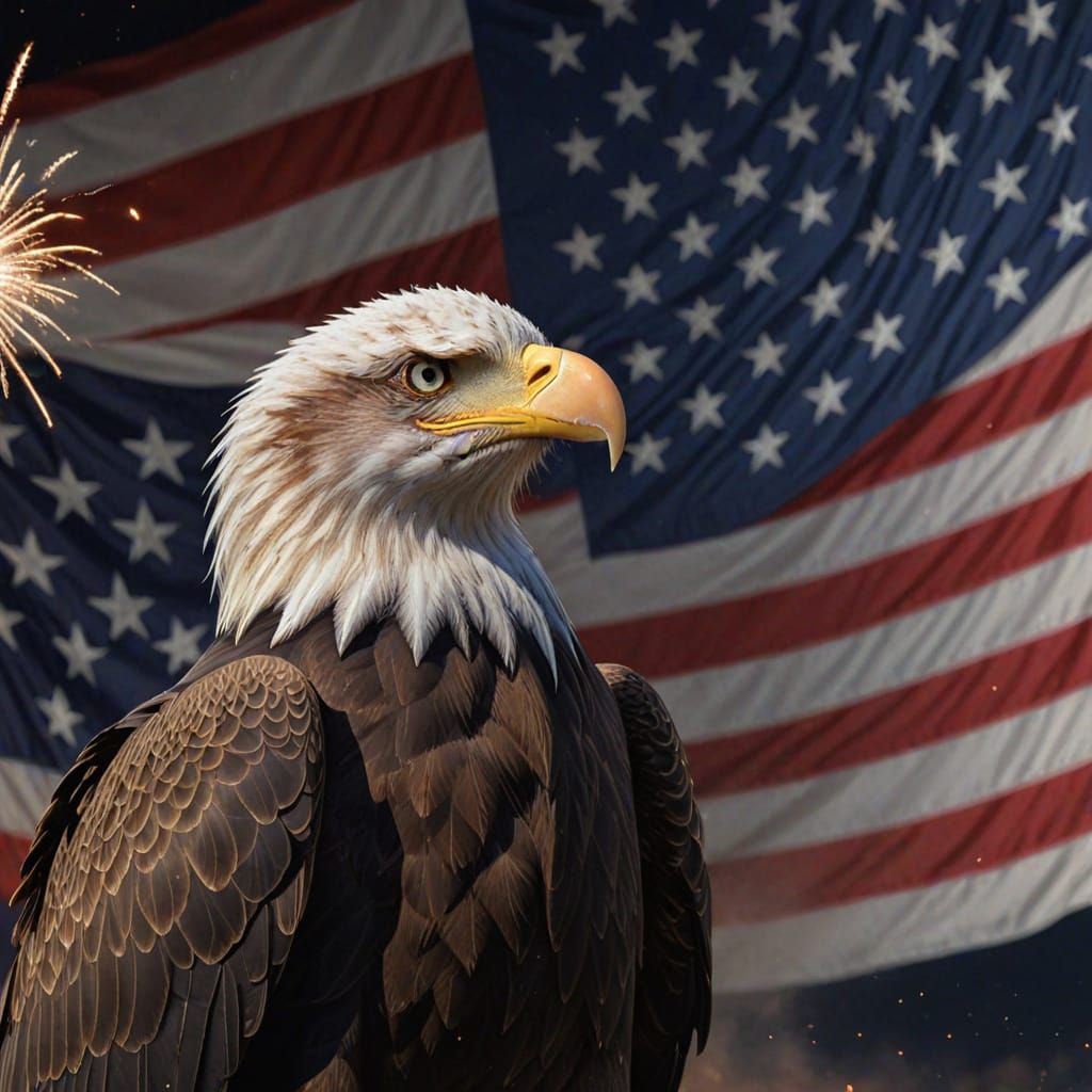 Bald Eagle Before American Flag with Fireworks