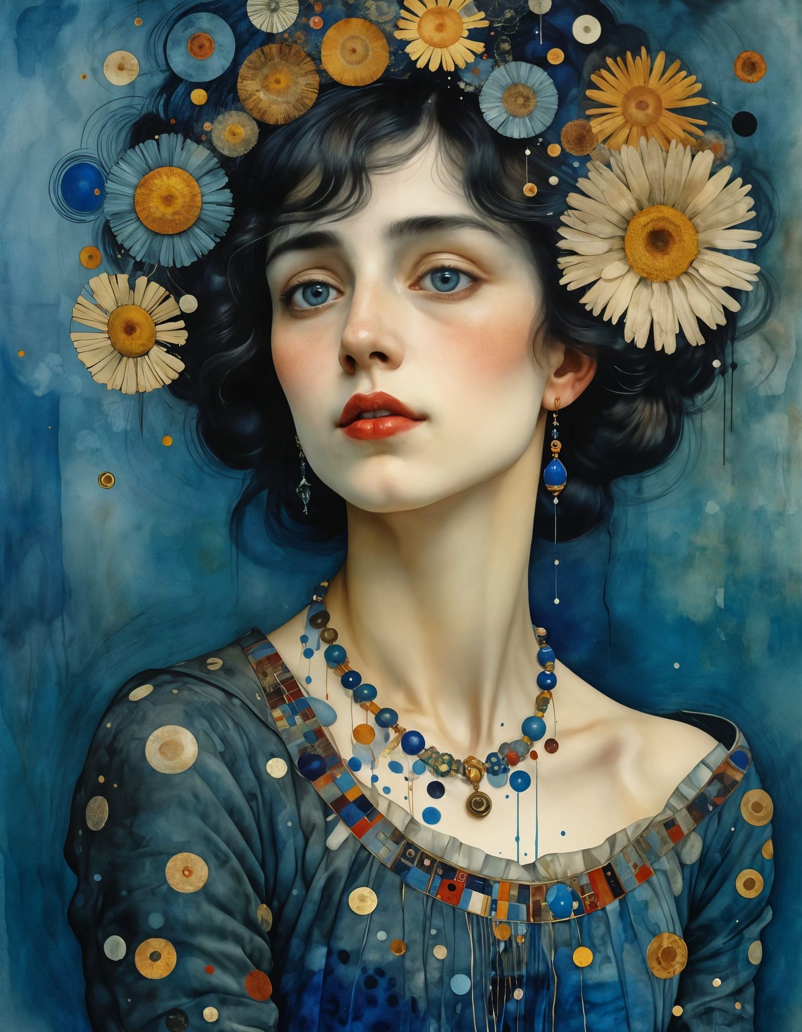 Woman's Portrait in Klimt-Inspired Blue Period Style