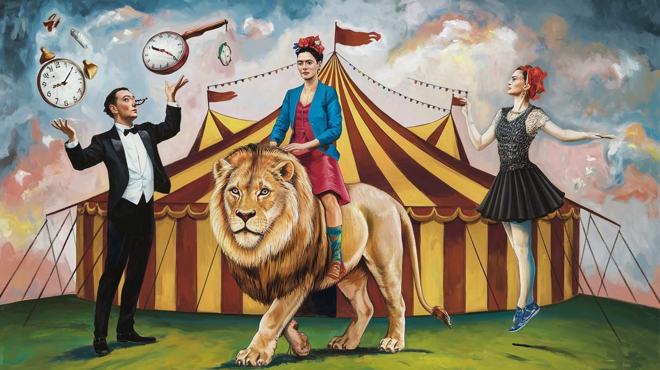 Surreal Circus Performers in a Dreamy Landscape