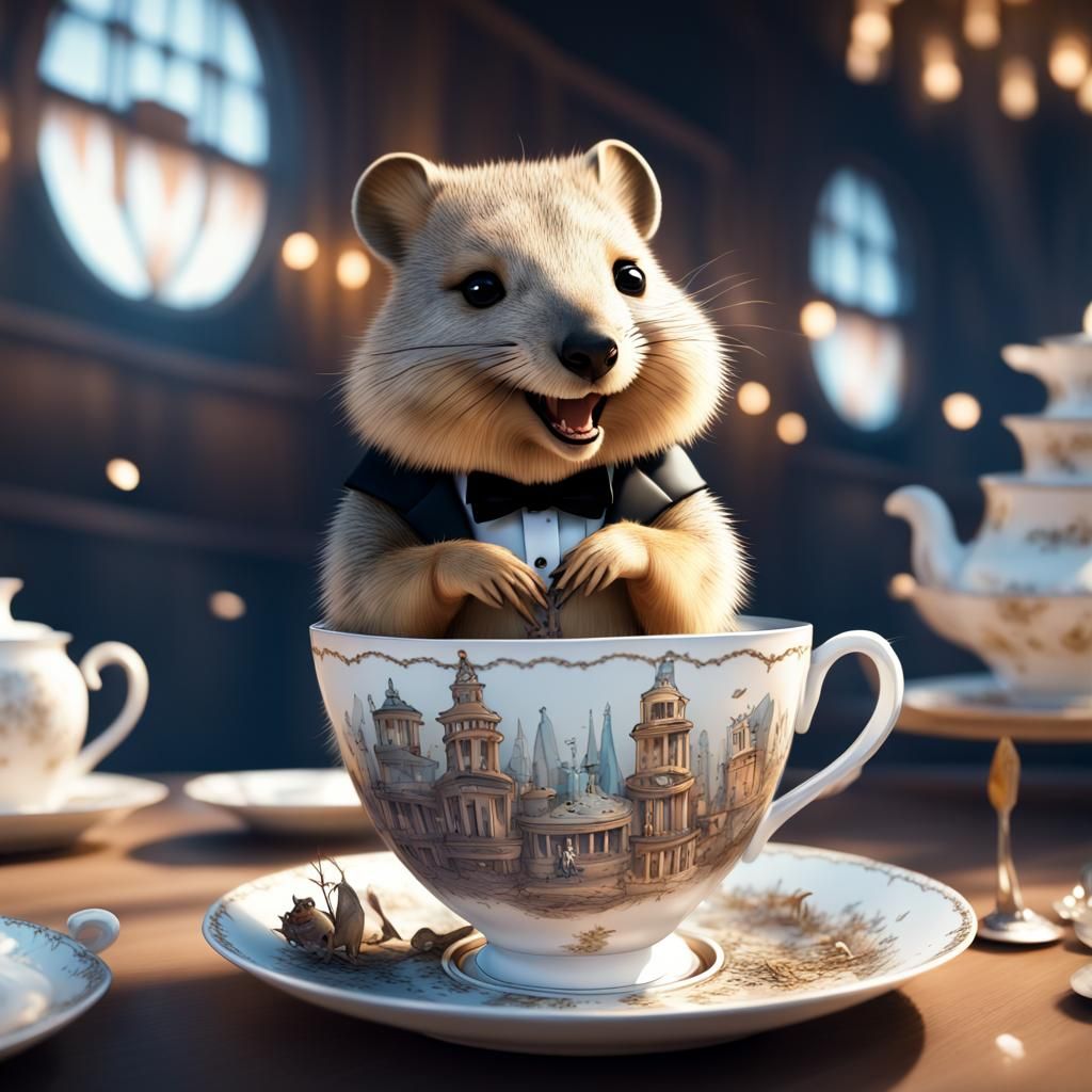 Quokka in Teacup in Ballroom, Tim Burton Style