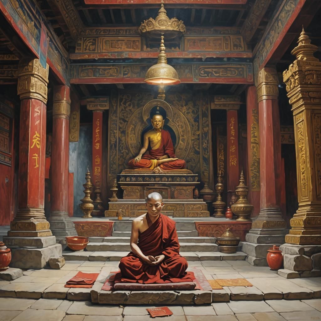 Meditating Tibetan Monk: Oil Painting