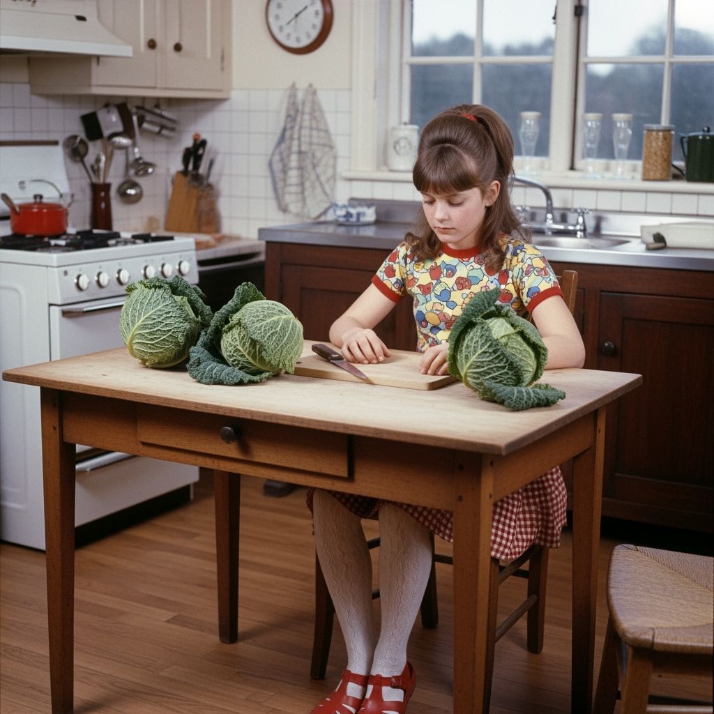 Young Girl Prepares Cabbage in 1950s Kitchen