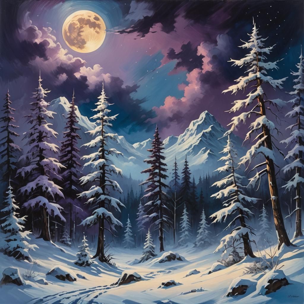 Moonlit Mountain Trees in Oil Painting Style