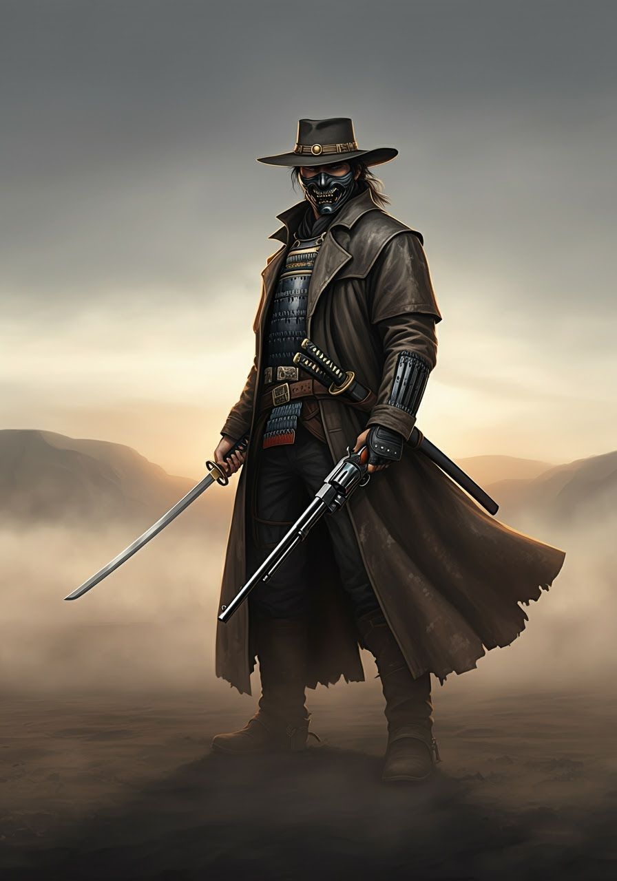 Heroic Samurai Gunslinger in a Toriyama-Frazetta Style Lands...