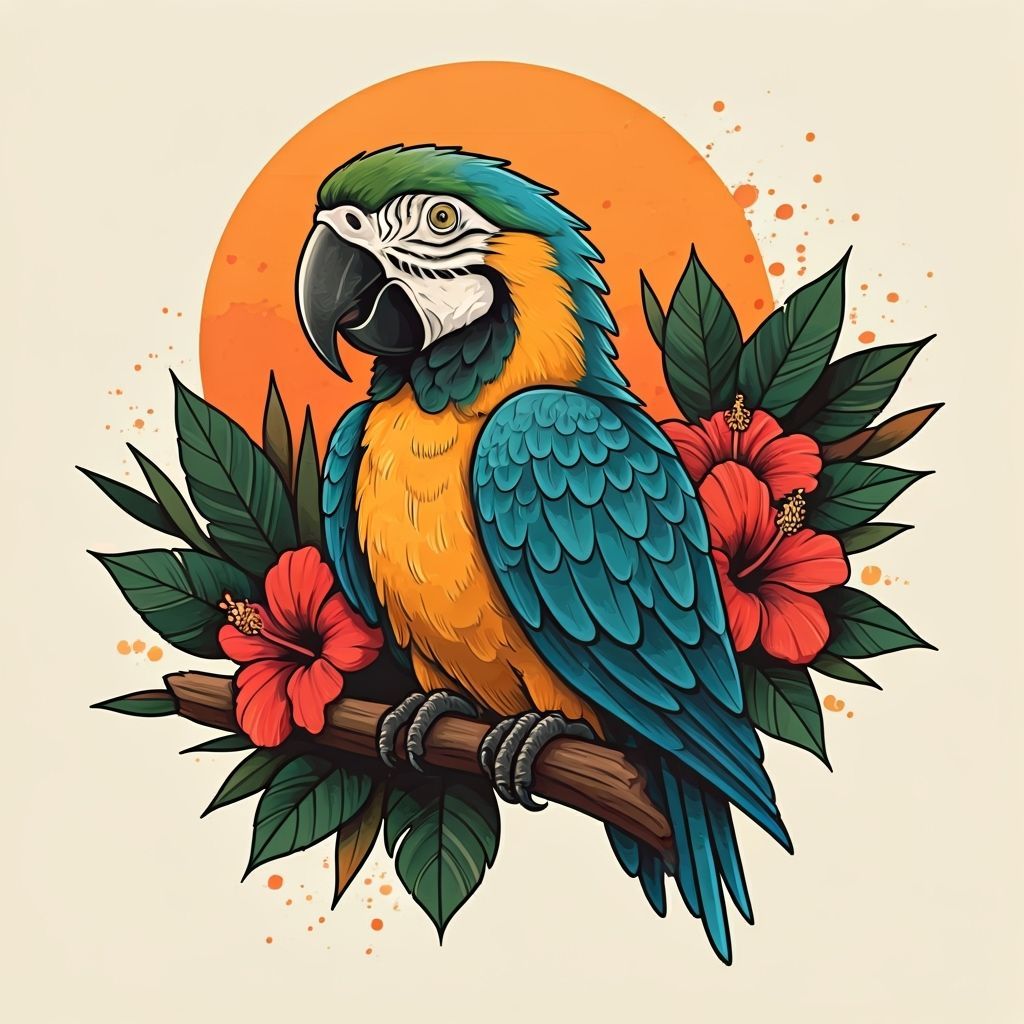Neo-Traditional Parrot with Tropical Flowers