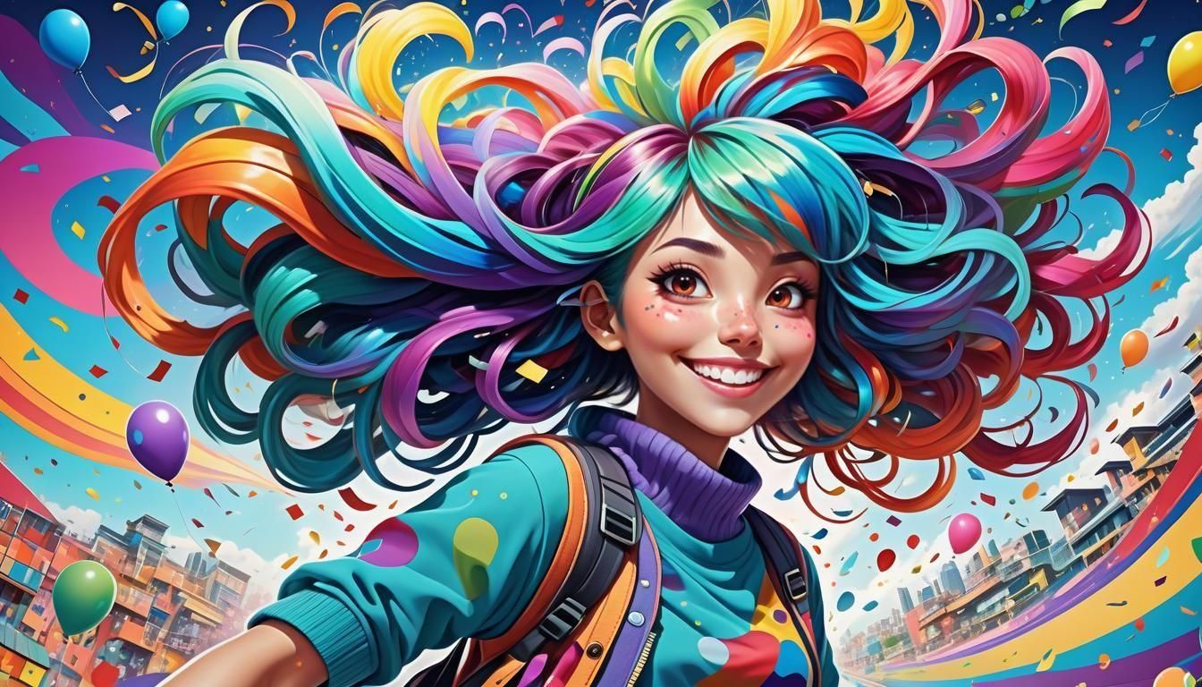 Whimsical Anime Woman with Colorful Hair