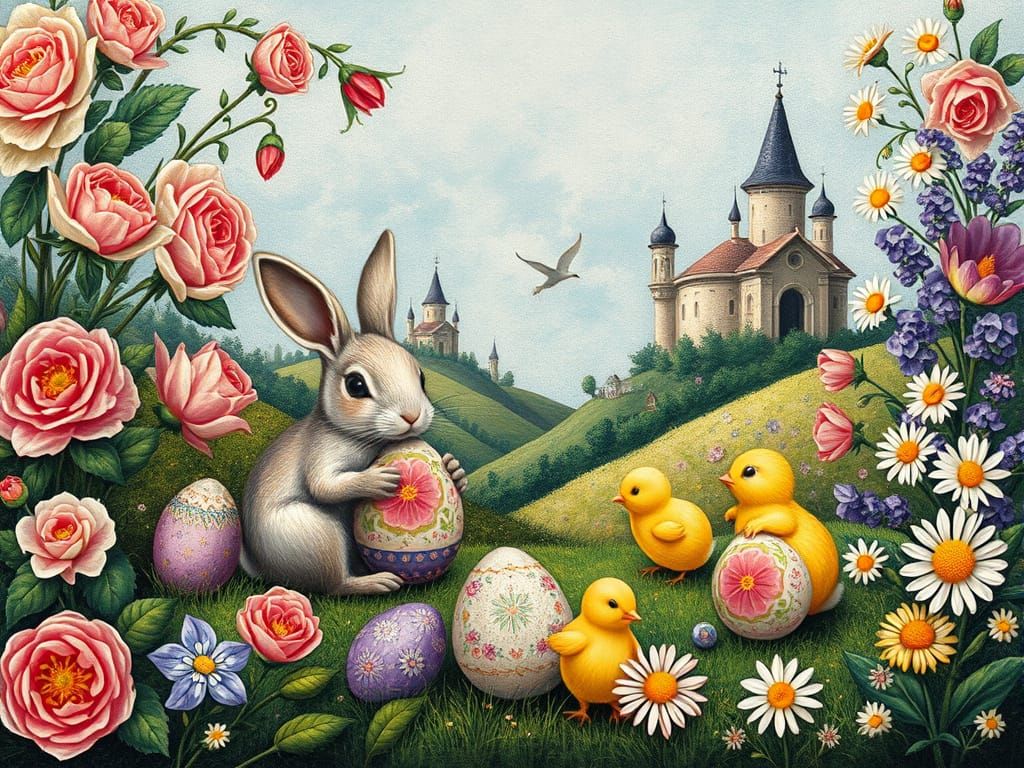 Whimsical Landscape with Easter Animals, Renaissance Gouache