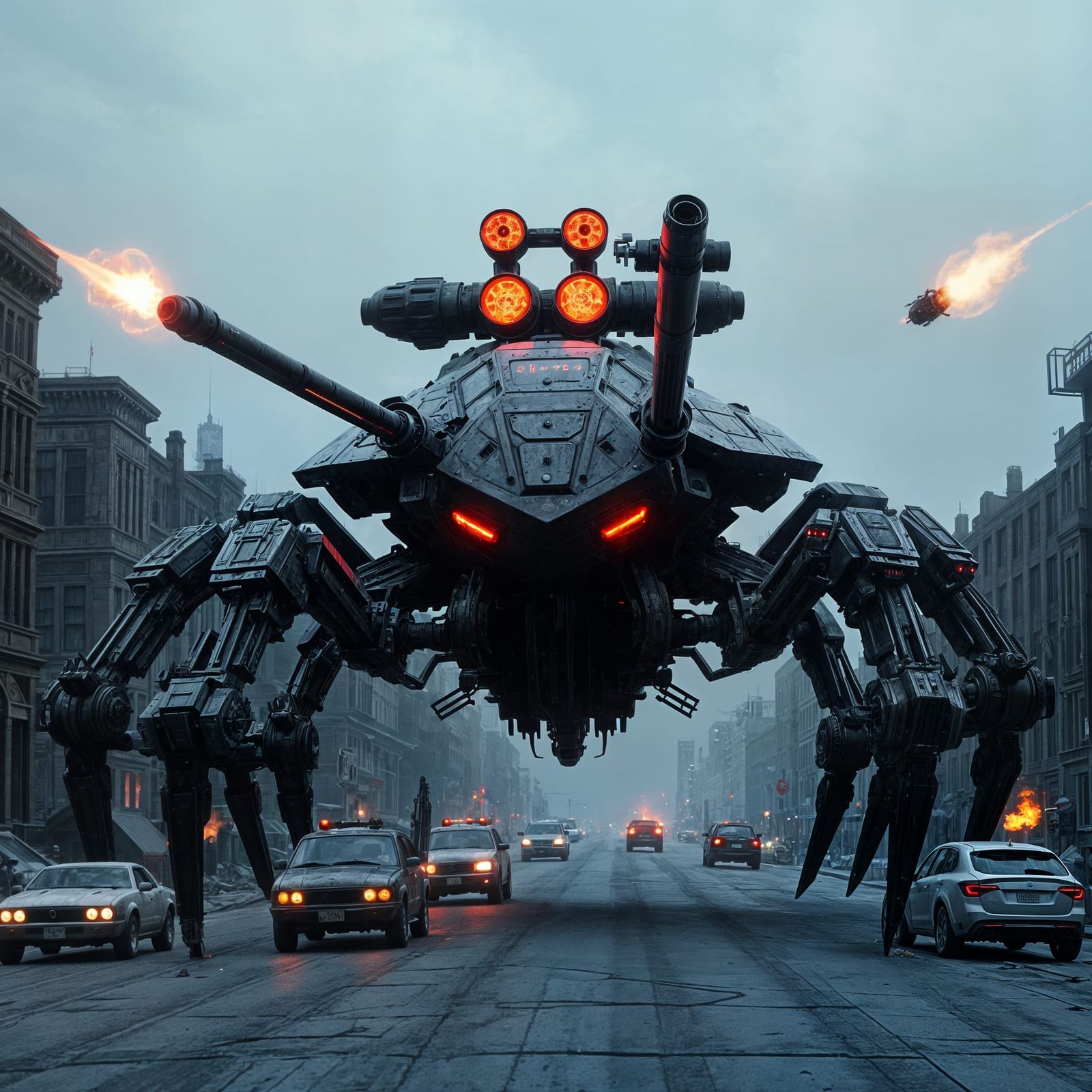 Futuristic Spider Tank in War-Torn City