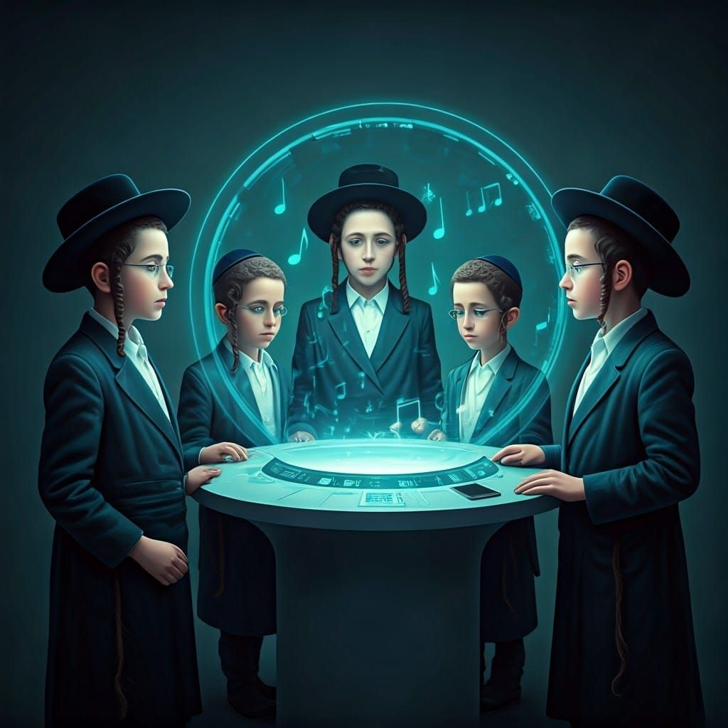 Haredi Boys Marvel at Holographic Music Display in Tradition...