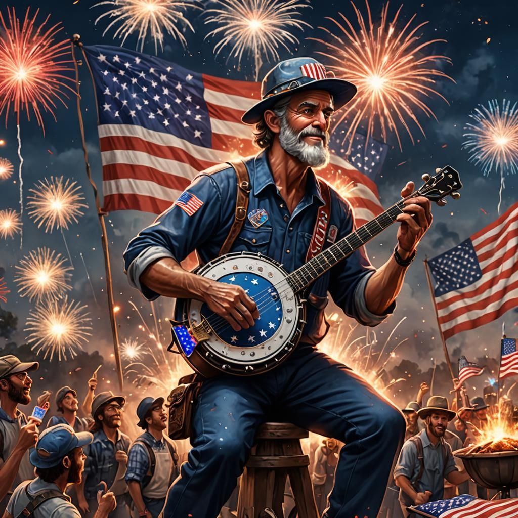 4th of July Banjo Player with American Flag