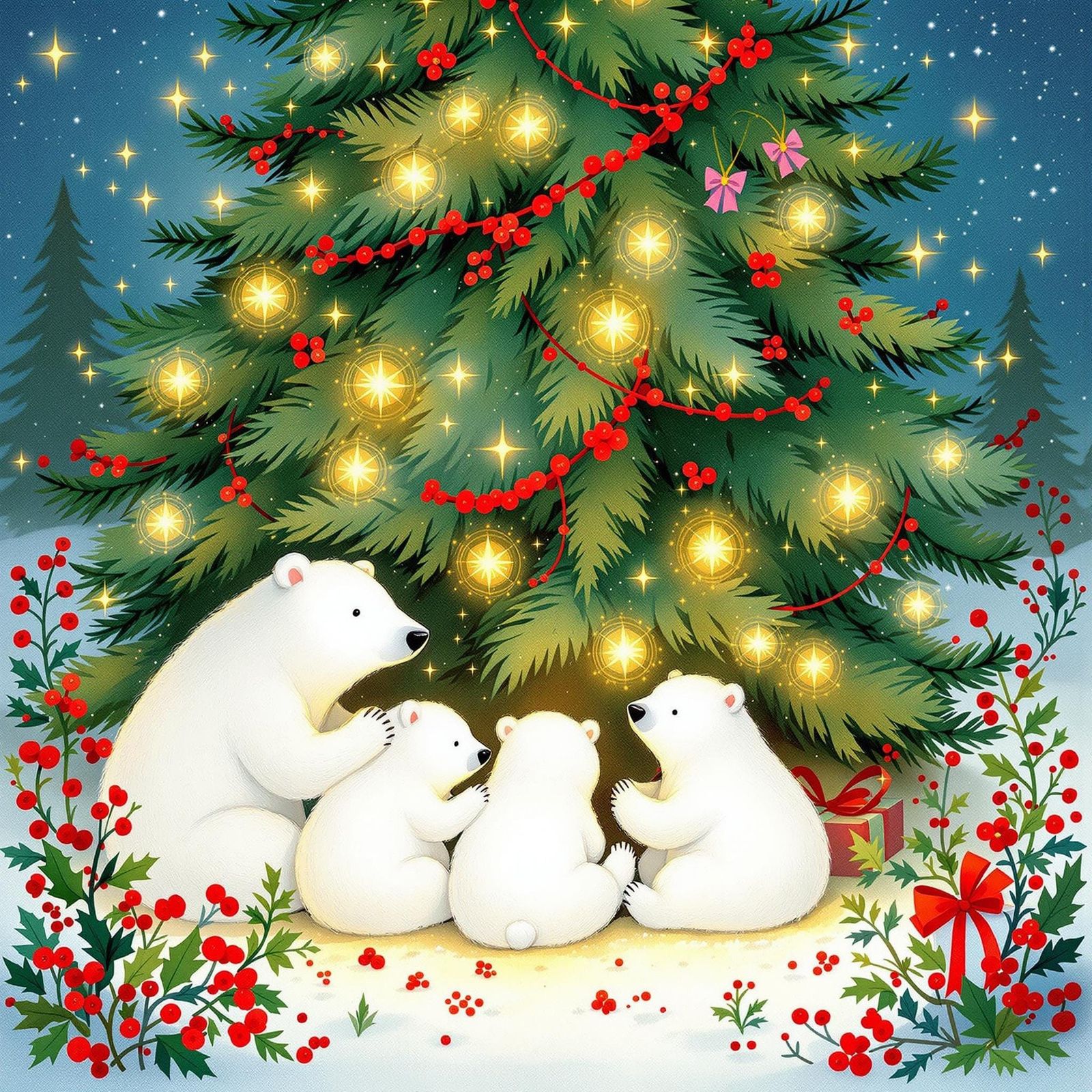 Magical Christmas Wonderland with Polar Bears and Noble Fir....
