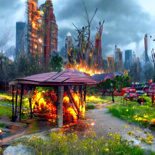 Burning Dystopian Cityscape in Post-Apocalyptic Thunderstorm