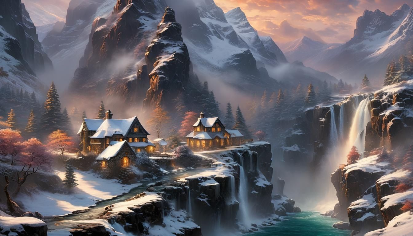 Winter Village in Sunset Mist