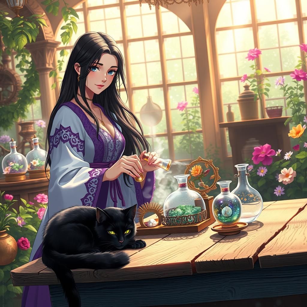 Sorceress Mixing Potions in a Greenhouse, Anime Style