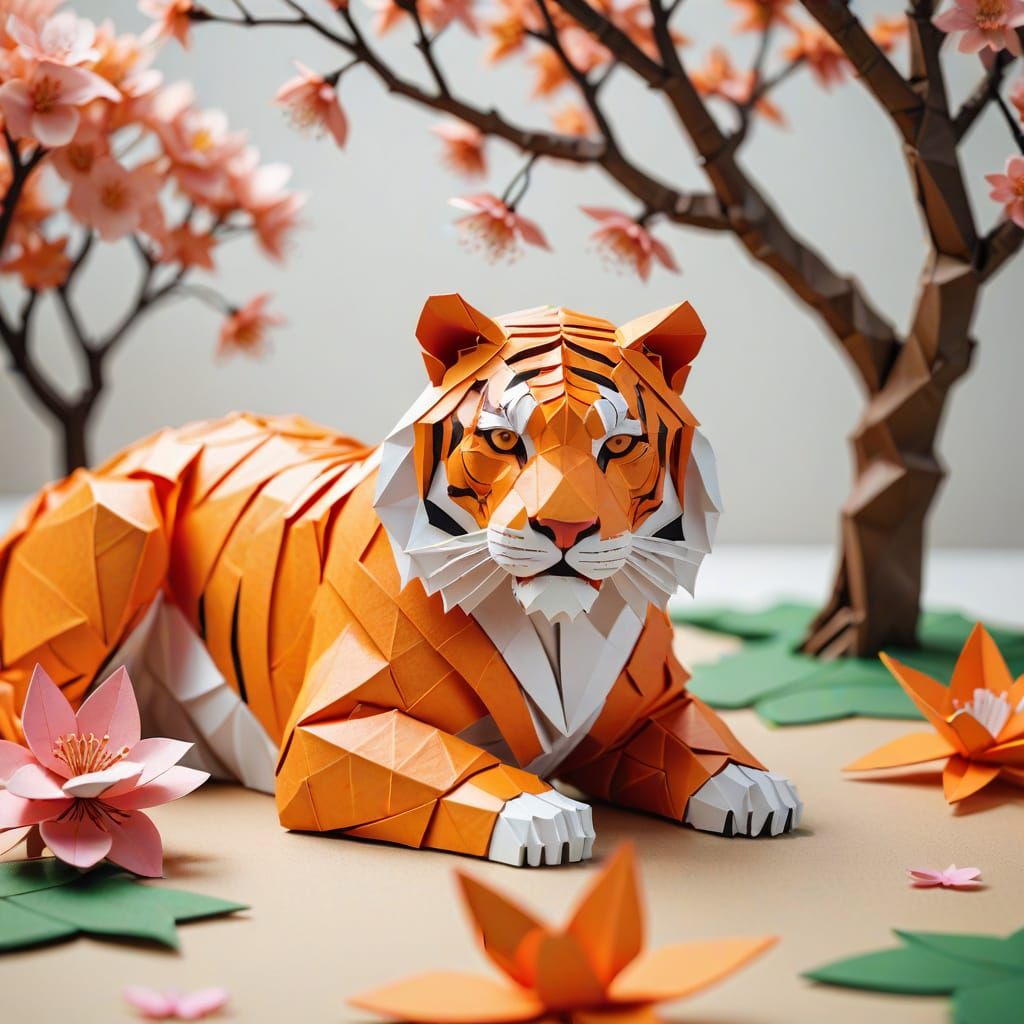 Vibrant Origami Tiger and Cherry Blossoms