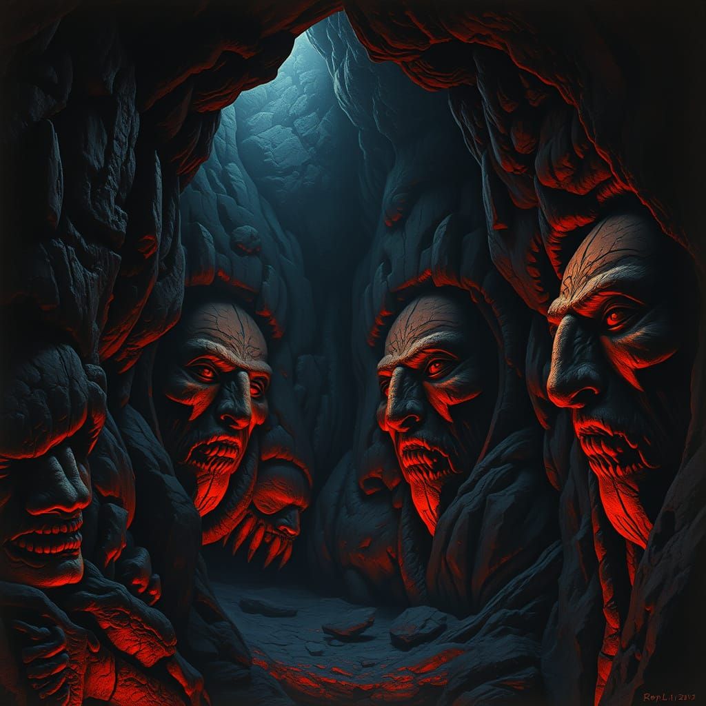 Carved Faces in Volcanic Cave Fantasy Illustration