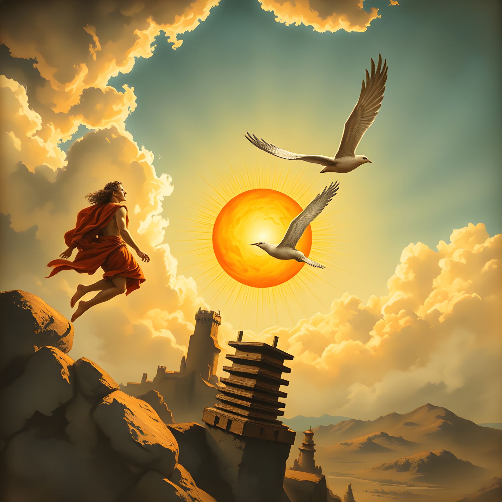 Icarus's Fall: A Renaissance Watercolor Painting