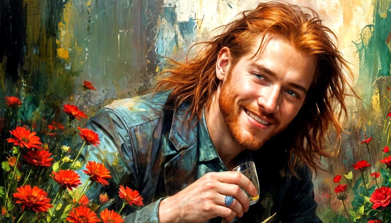 Handsome Redhead with Floral Backdrop, Hyperrealistic Painti...