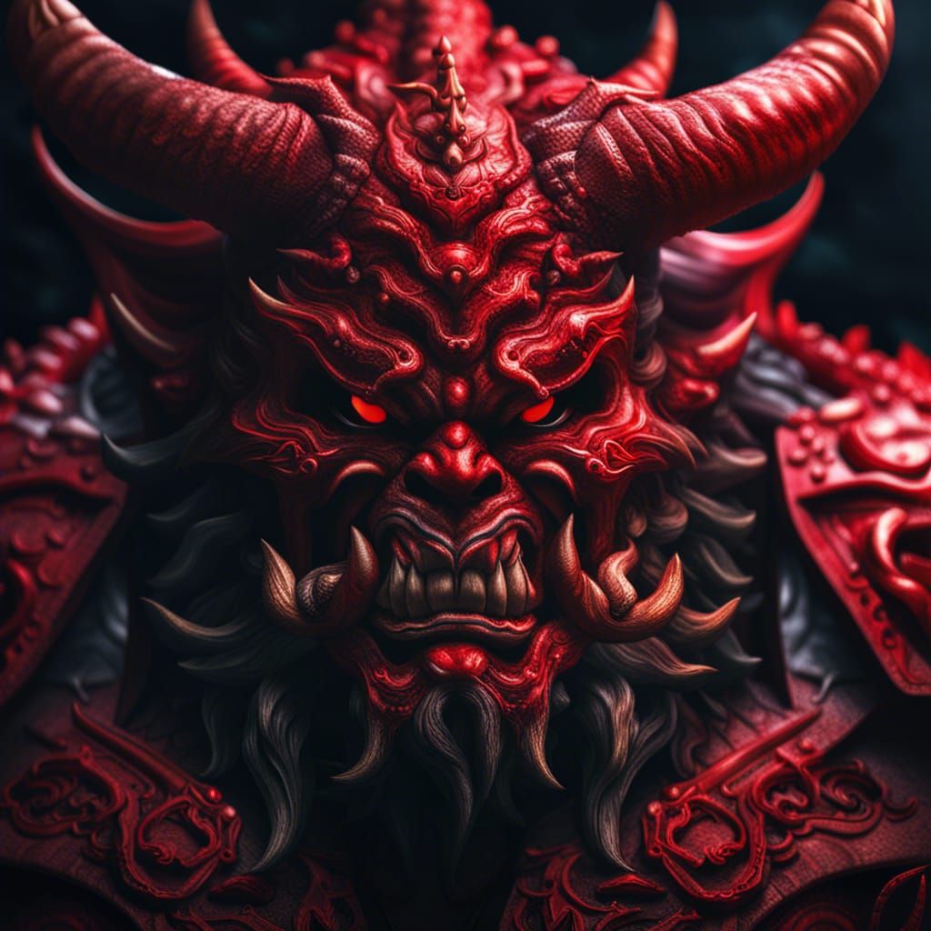 Hyperrealistic Red Oni with Horns in High Definition