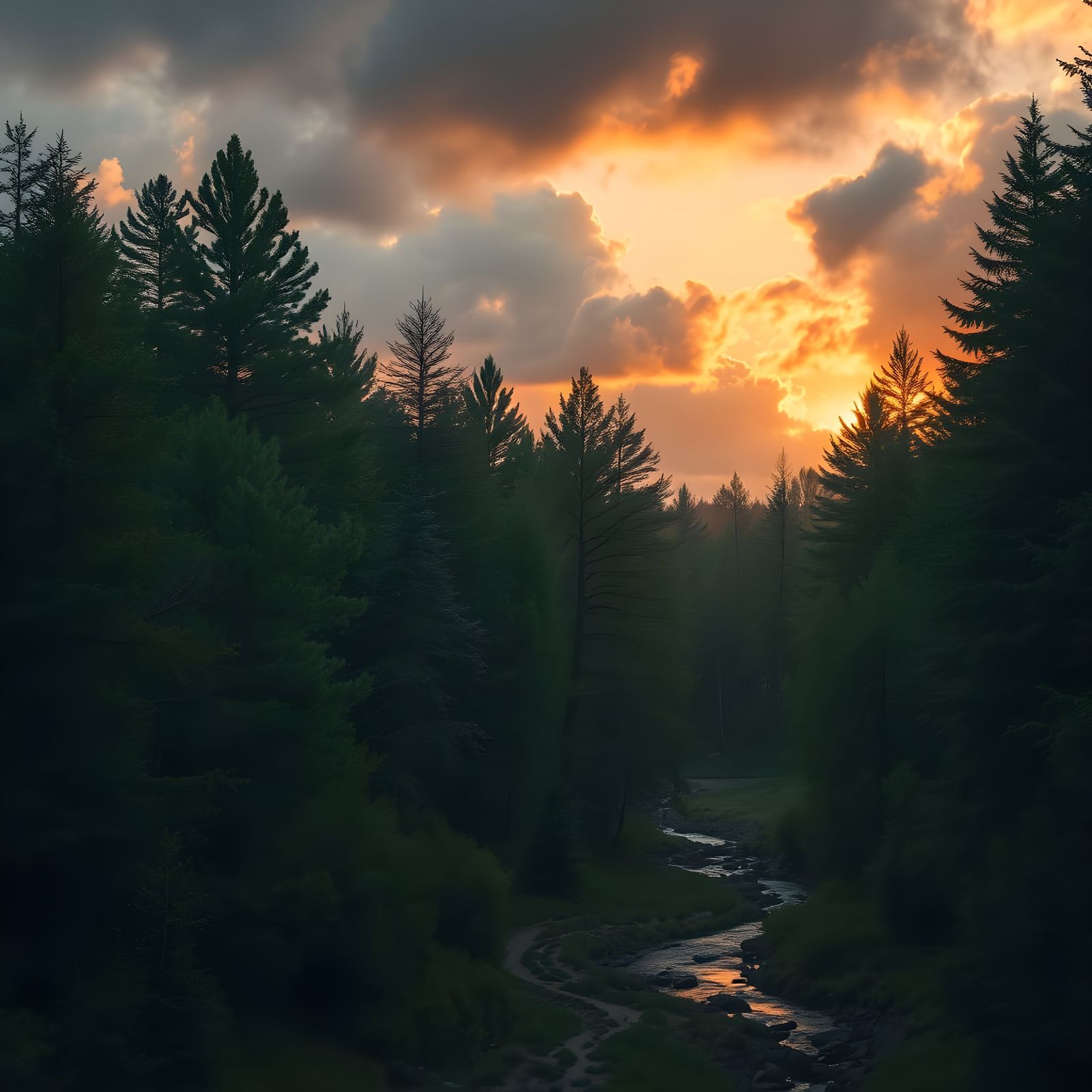 Dramatic Forest Landscape with Dark Greens and Sunset