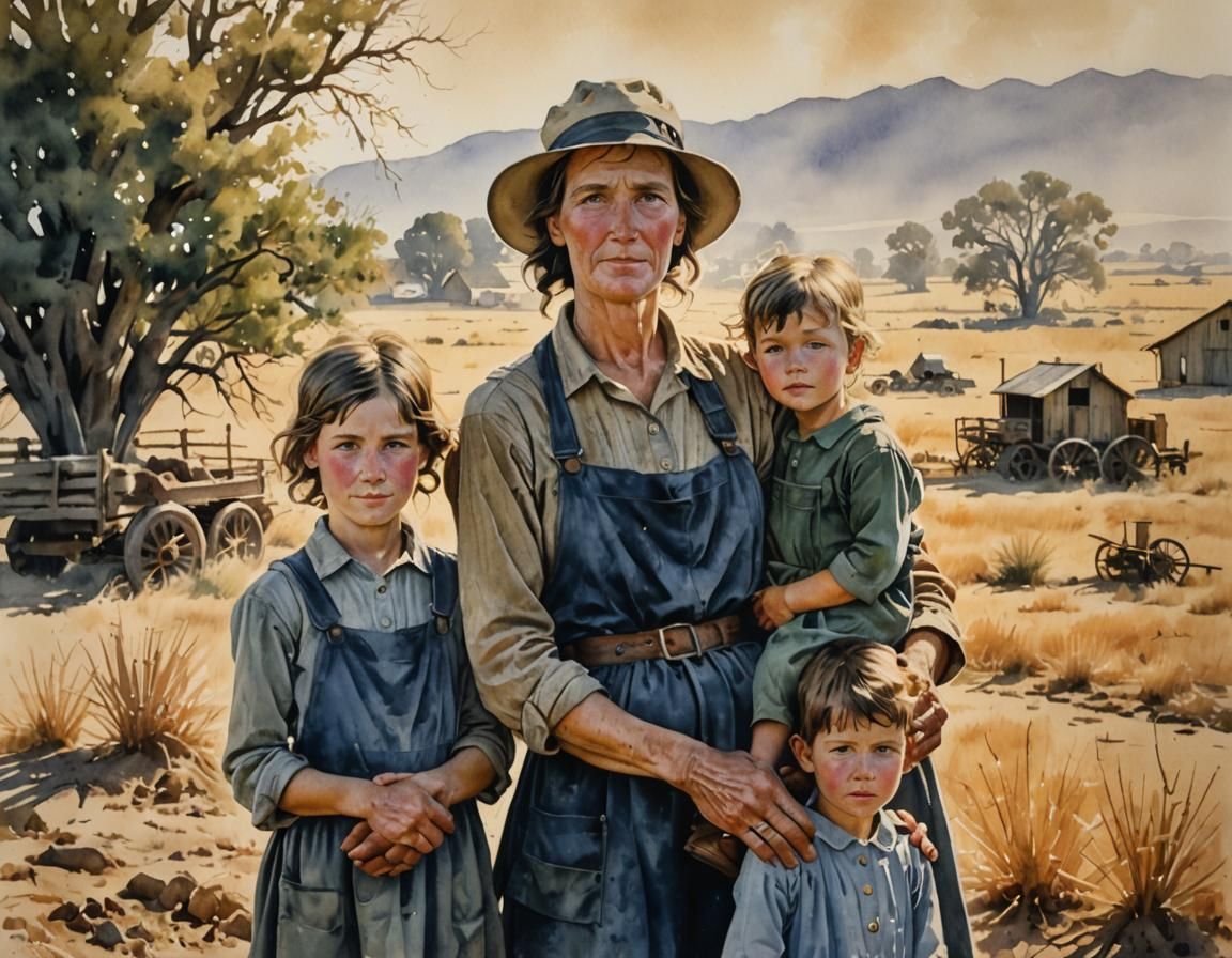 Dust Bowl Mother and Children in Watercolor