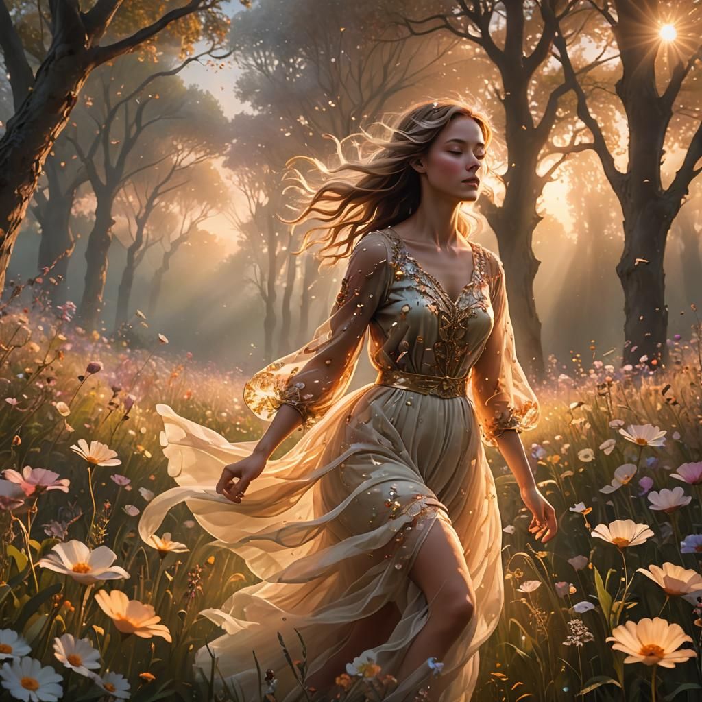 Ethereal Fantasy: Woman in Flower Field at Sunset