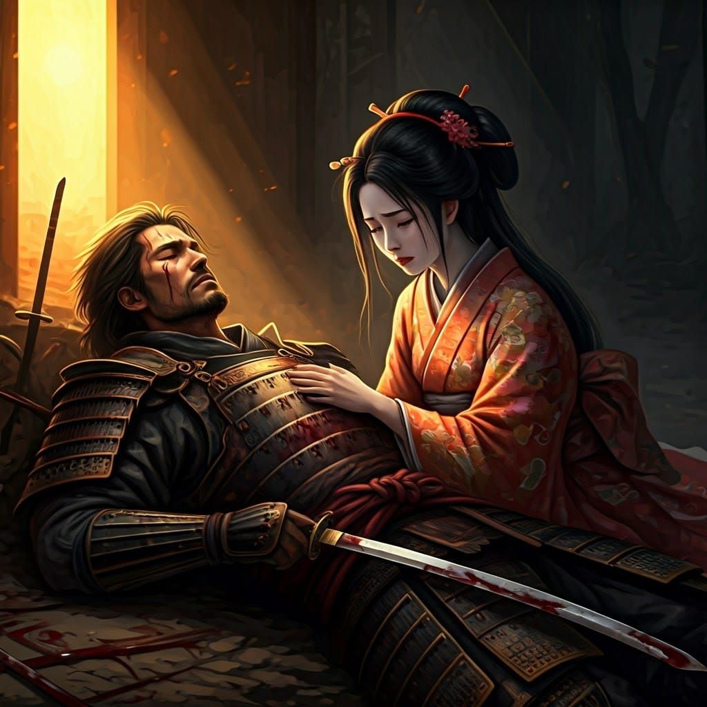 Worn Samurai's Final Moment in Serene Sunset Glow