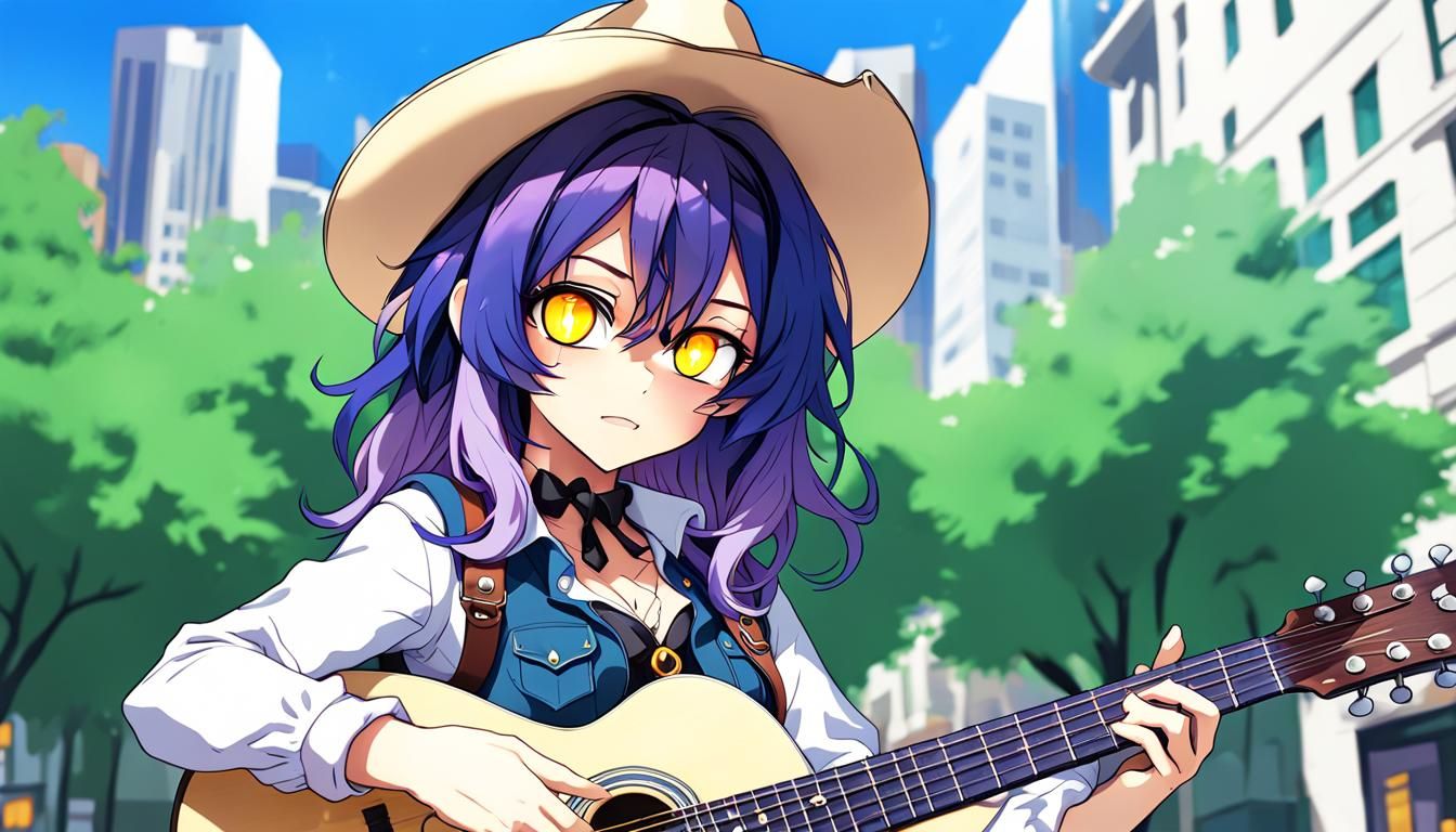 Anime Cowgirl Plays Guitar in City